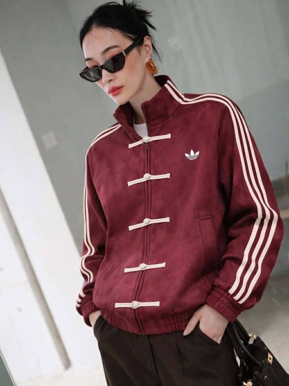 adidas Women's Maroon Bomber Jacket with Cream Stripes